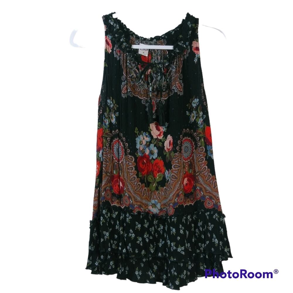 Bila Boho Black Floral Ruffle Tassel Tank Shirt Size Small